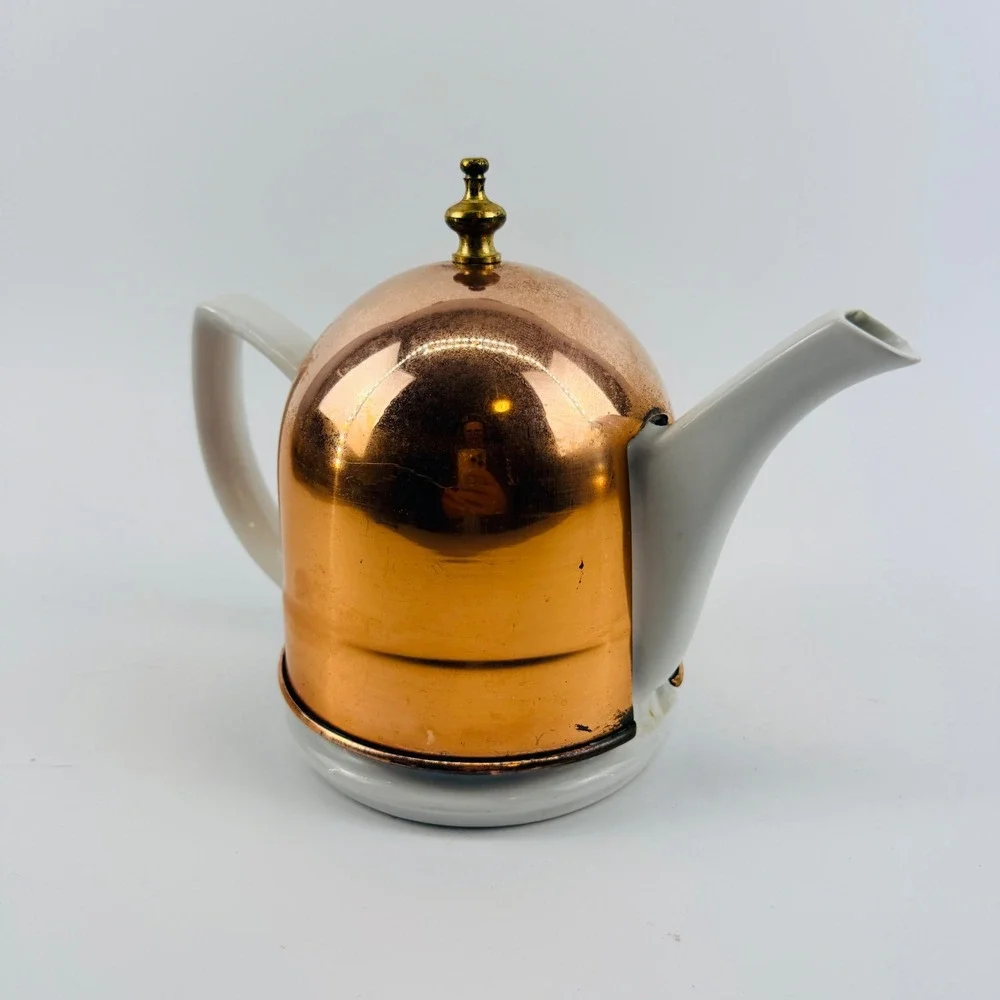 Vintage Copper Insulated Teapot White Ceramic Mid Century Tea Pot